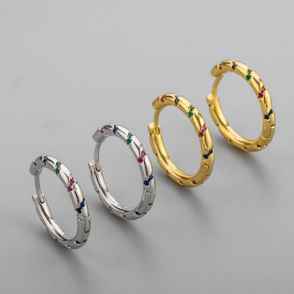 #NEW 925 Sterling Silver Colorful Diamond Round Hoop Earrings - Picture 3 of 6